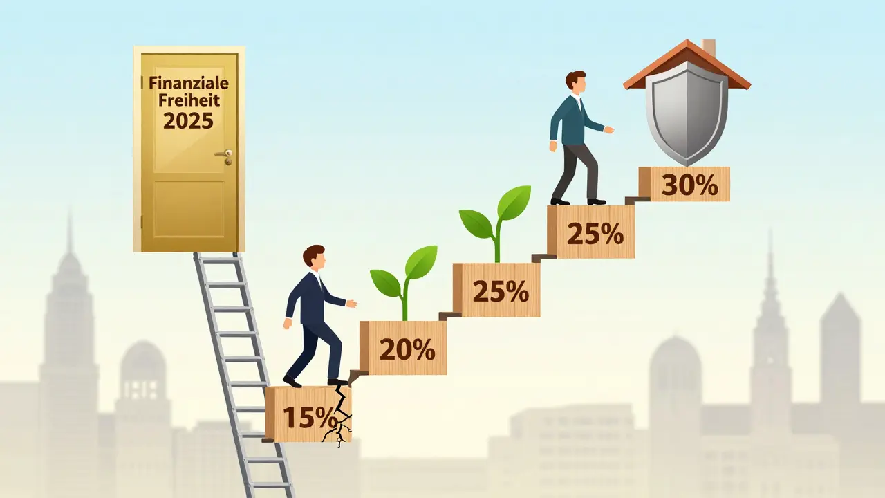 Leiter zur finanziellen Freiheit mit unterschiedlichen Eigenkapital-Stufen: von brüchigen Sprossen bis zu stabilen, goldenen Stufen mit Schild und Dach.