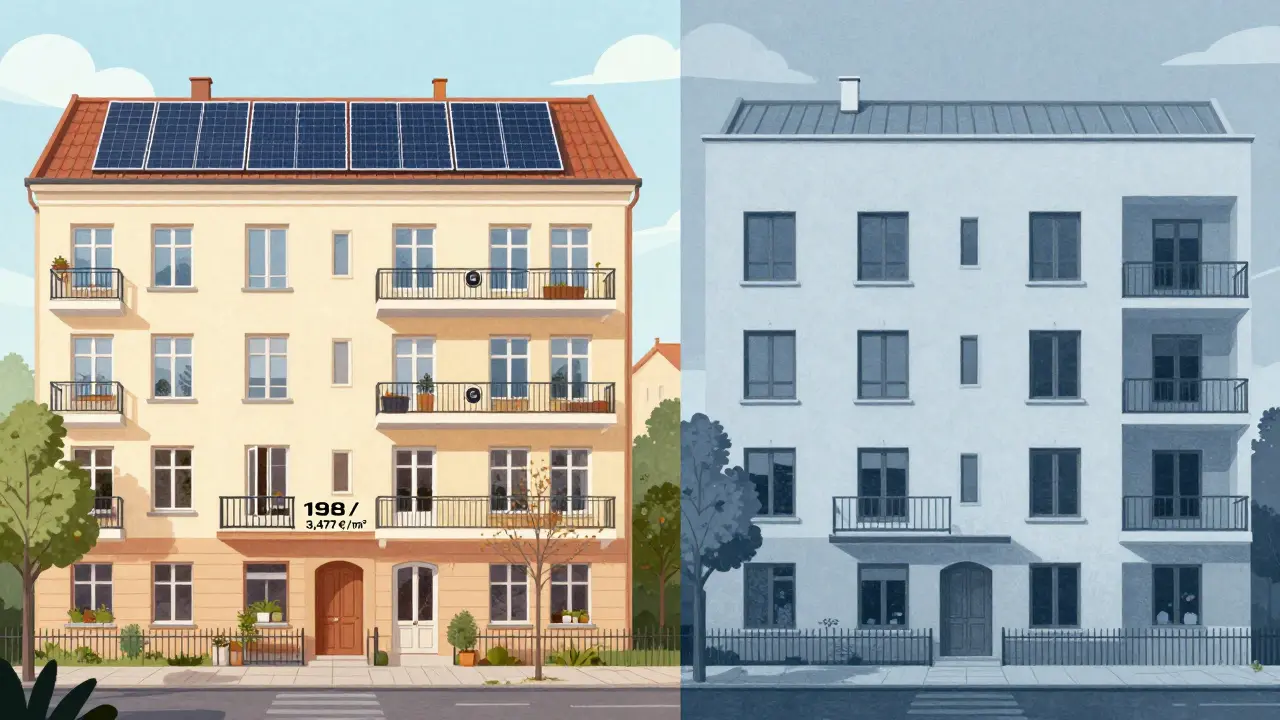 Modern sanierte Wohnung mit Solaranlage im Vergleich zu kalt wirkendem Neubau — Energieeffizienz bestimmt den Wert.