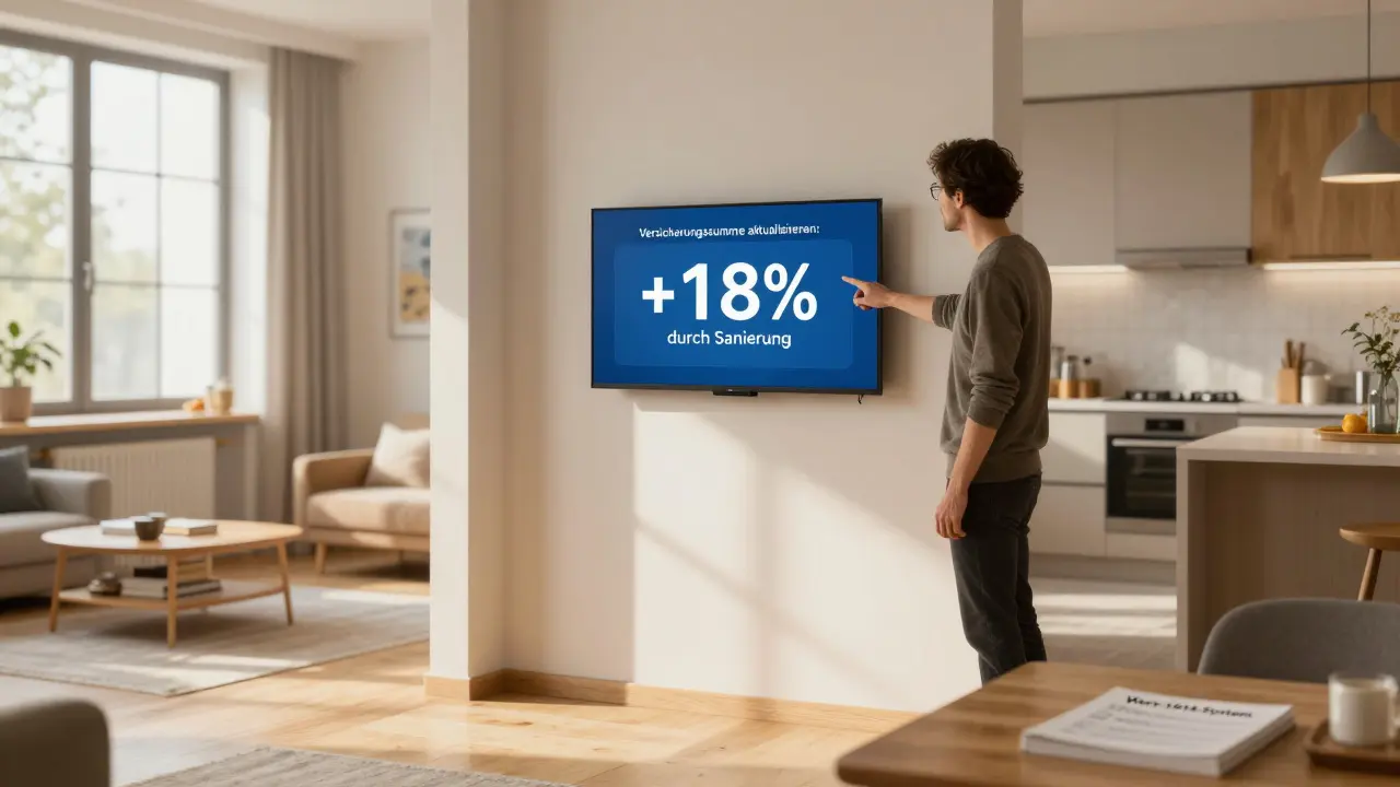 Modernisierte Wohnung mit digitaler Anzeige, die die Erhöhung der Versicherungssumme nach Sanierung anzeigt.