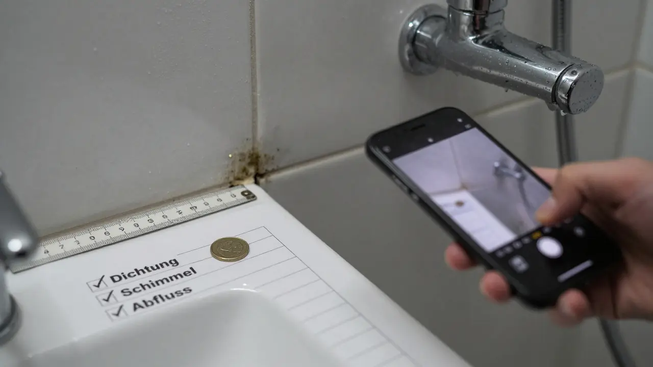 Nahaufnahme einer schimmeligen Duschfuge mit Lineal und Münze zur Größenangabe, Smartphone filmt den Schaden.