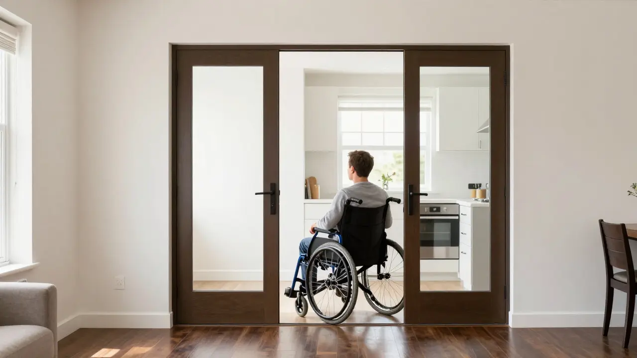 Person im Rollstuhl nutzt eine breitet ausgebauten Tür im hellen Wohnzimmer.