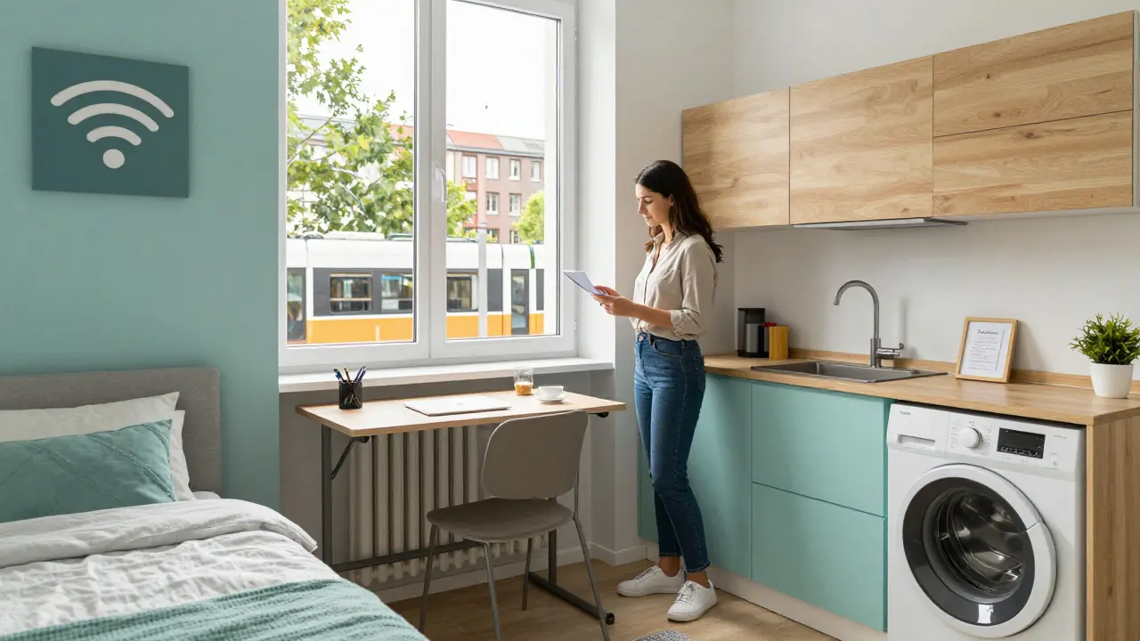 Professional couple viewing a cozy urban studio with high-speed internet and compact living space.