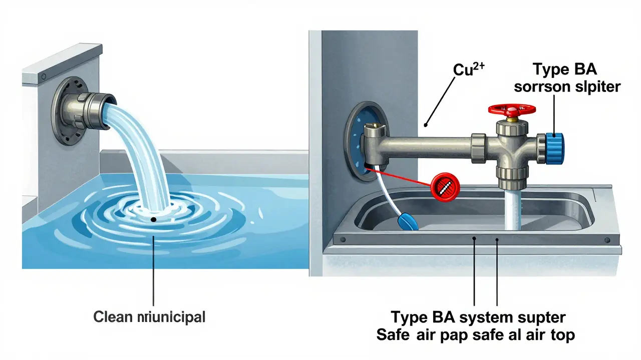 Schematische Darstellung eines funktionierenden und eines defekten Rückflussverhinderers mit chemischen Verunreinigungen.