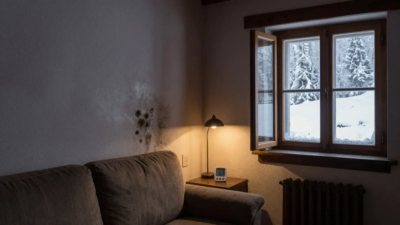 Schimmel an einer kalten Außenwand hinter einem Sofa, während ein Hygrometer 68% anzeigt und das Fenster offen ist.