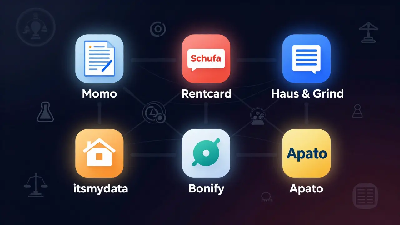Sechs digitale Bonitäts-Tools als leuchtende Symbole, verbunden mit Datenquellen wie Schufa und Bankdaten in einem Netzwerk.