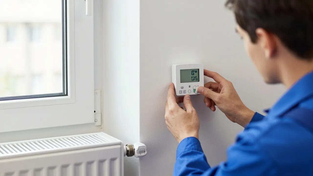 Techniker installiert einen programmierbaren Thermostat an einer Heizung, energieeffiziente Fenster im Hintergrund.