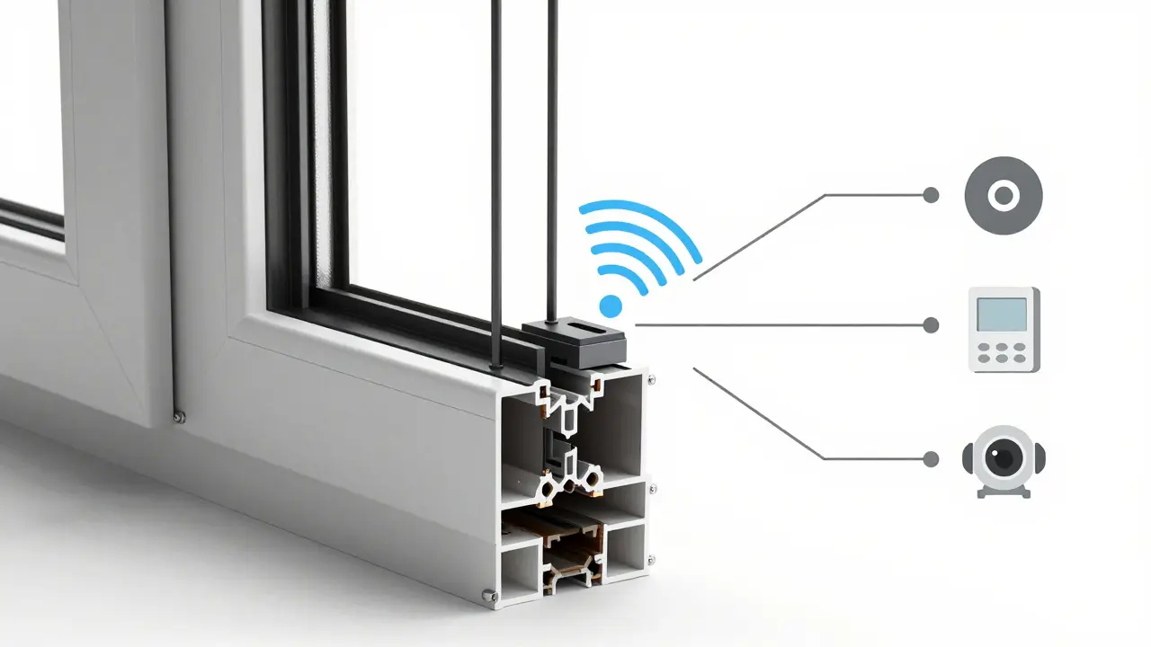 Technische Darstellung eines Fensterkontakts mit Sensor, Magnet und Verbindung zu einem Smart Home Hub, mit symbolischen Geräteverbindungen.