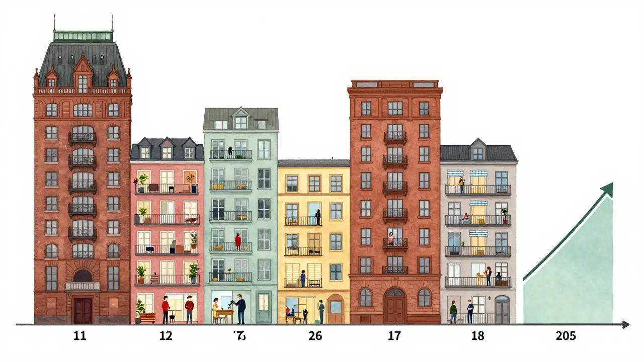 Time-lapse of a single apartment changing tenants over a year, with rising income graph in corner.