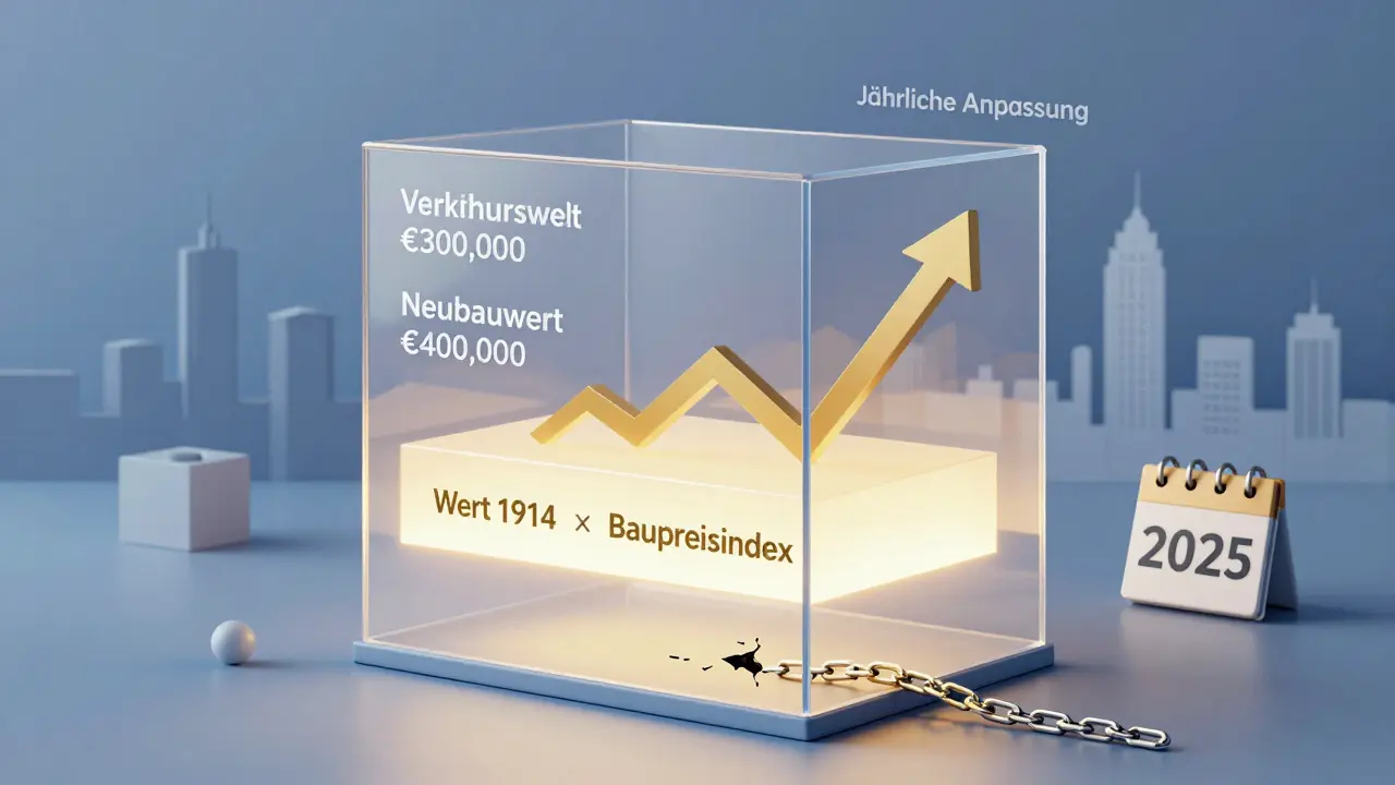 Transparentes Gebäude mit vergleichenden Werten: Verkehrswert, Neubauwert und Wert-1914-System mit jährlicher Anpassung.