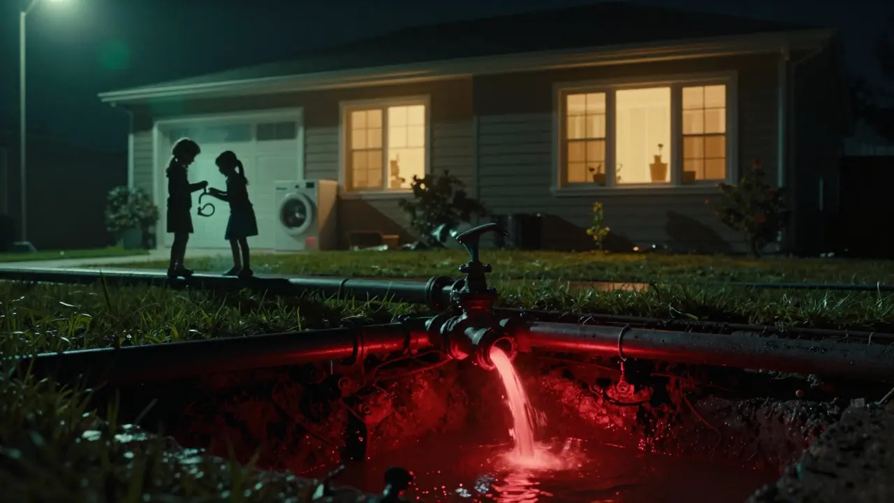 Unterirdische Verunreinigung des Trinkwassers in einem Haus, sichtbar als rotes Leuchten in den Leitungen.