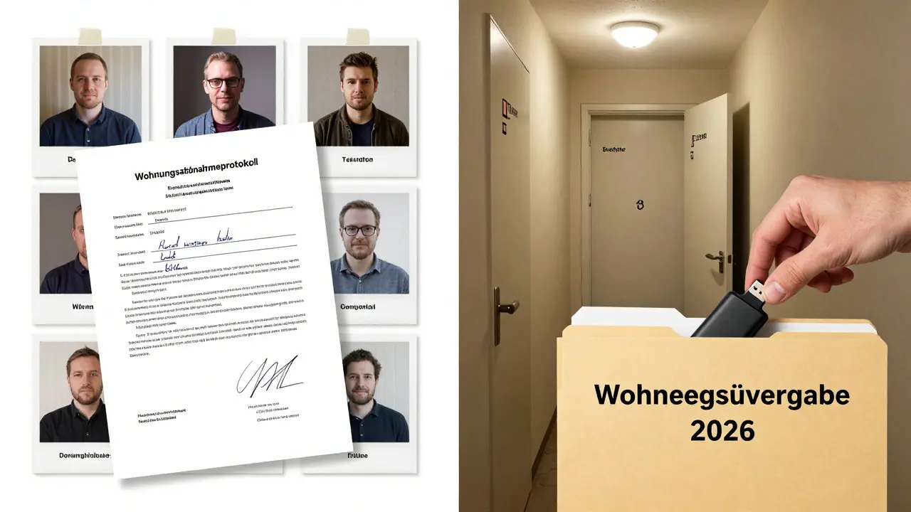 Unterzeichnetes Abnahmeprotokoll mit fotografierten Schäden und USB-Laufwerk, daneben ein defekter Türgriff und lichtloser Flur.