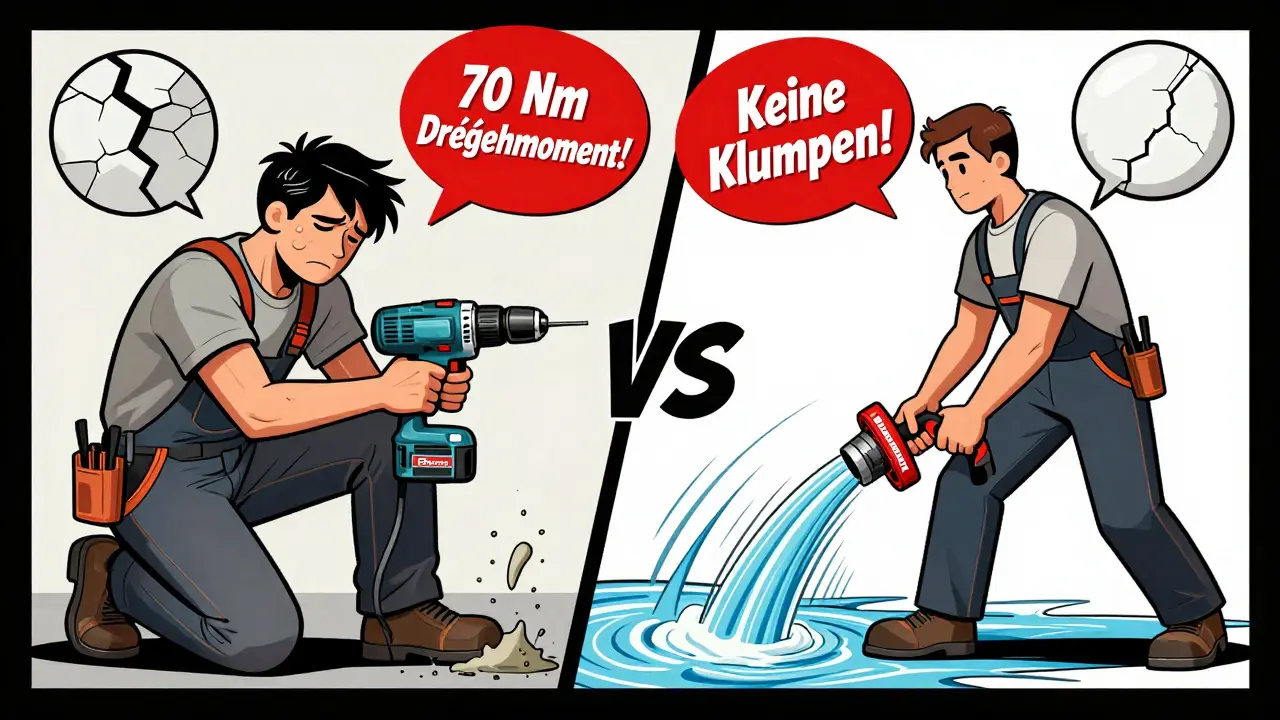 Vergleich: Links ein überlasteter Bohrer mit klumpigem Mörtel, rechts ein leistungsstarkes Rührwerk mit glatter Mischung.