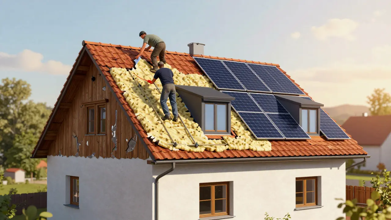 Vollständige Dachsanierung mit Dämmung, neuen Fenstern und Photovoltaik-Anlage an einem österreichischen Einfamilienhaus.