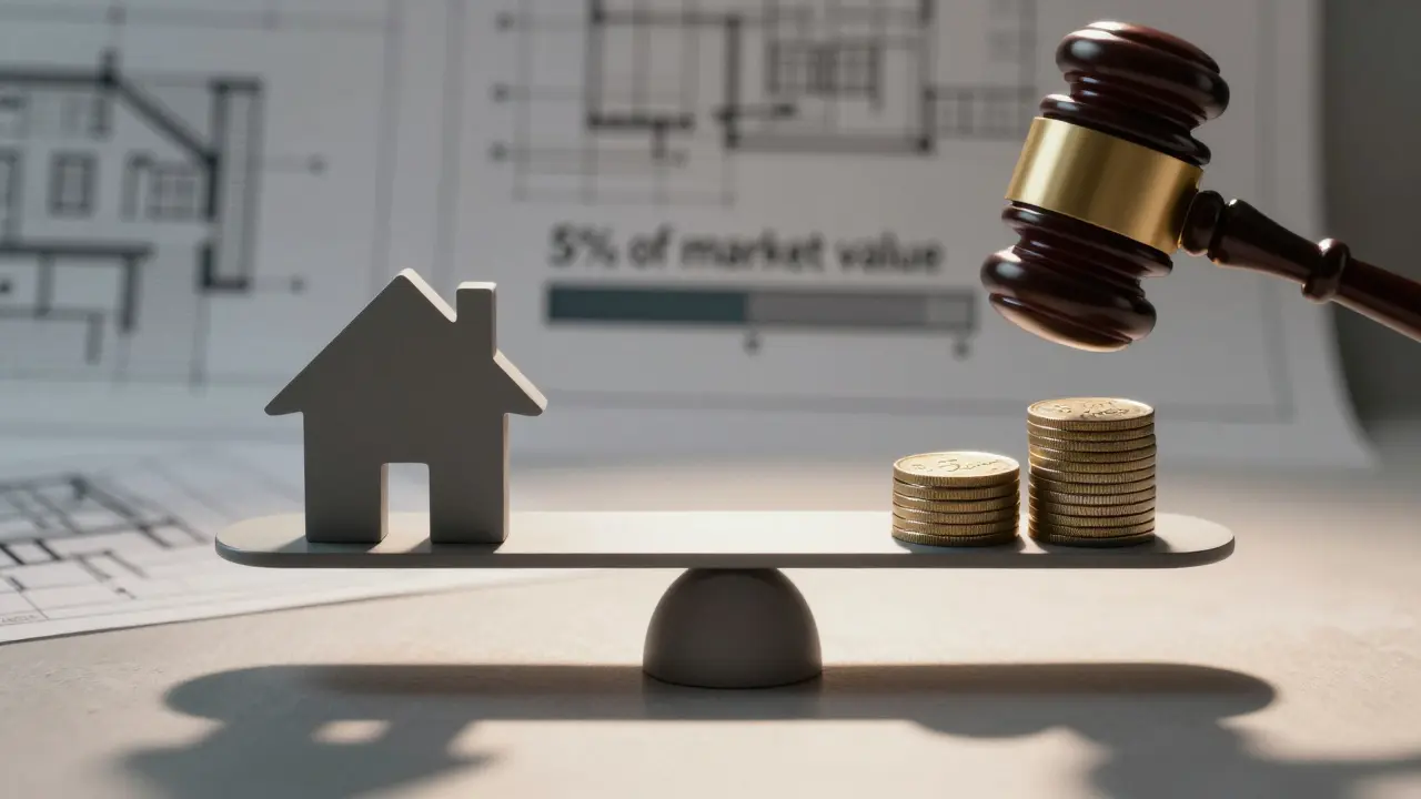 Waage mit Haus und Zahlungsrückständen, dargestellt als Symbol für das Vorrecht der WEG bei Zwangsversteigerung