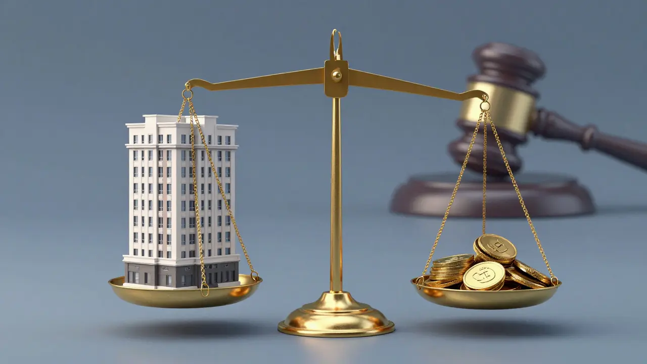 Waage mit Hausmodell und Goldmünzen symbolisiert finanzielle Risiken und Kosten.