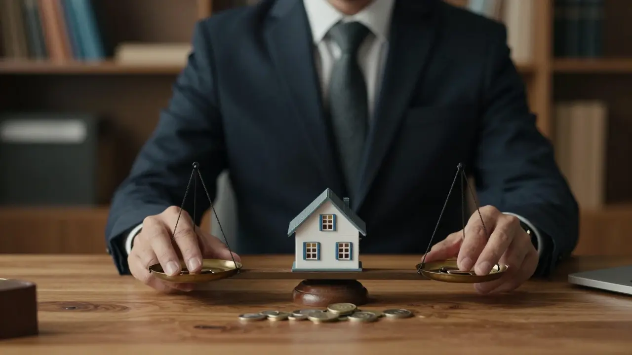 Waage mit Miniaturhaus und Münzen symbolisiert Immobilienbewertung