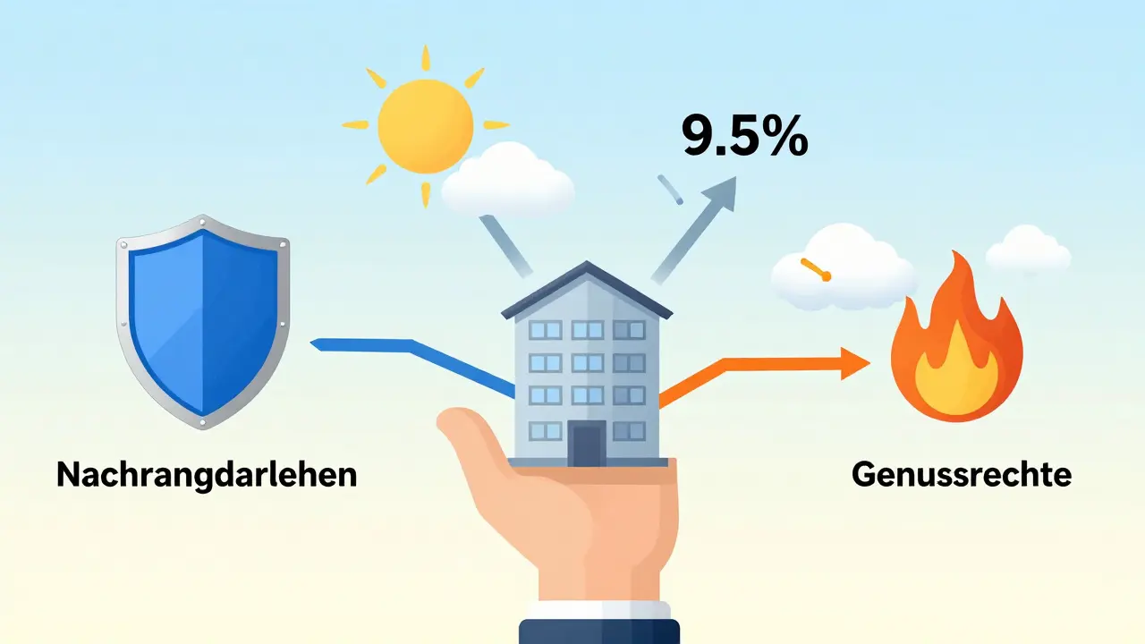Zwei Anlagepfade: sichere Zinszahlungen versus risikoreiche Gewinnbeteiligung bei Immobilien-Crowdfunding.