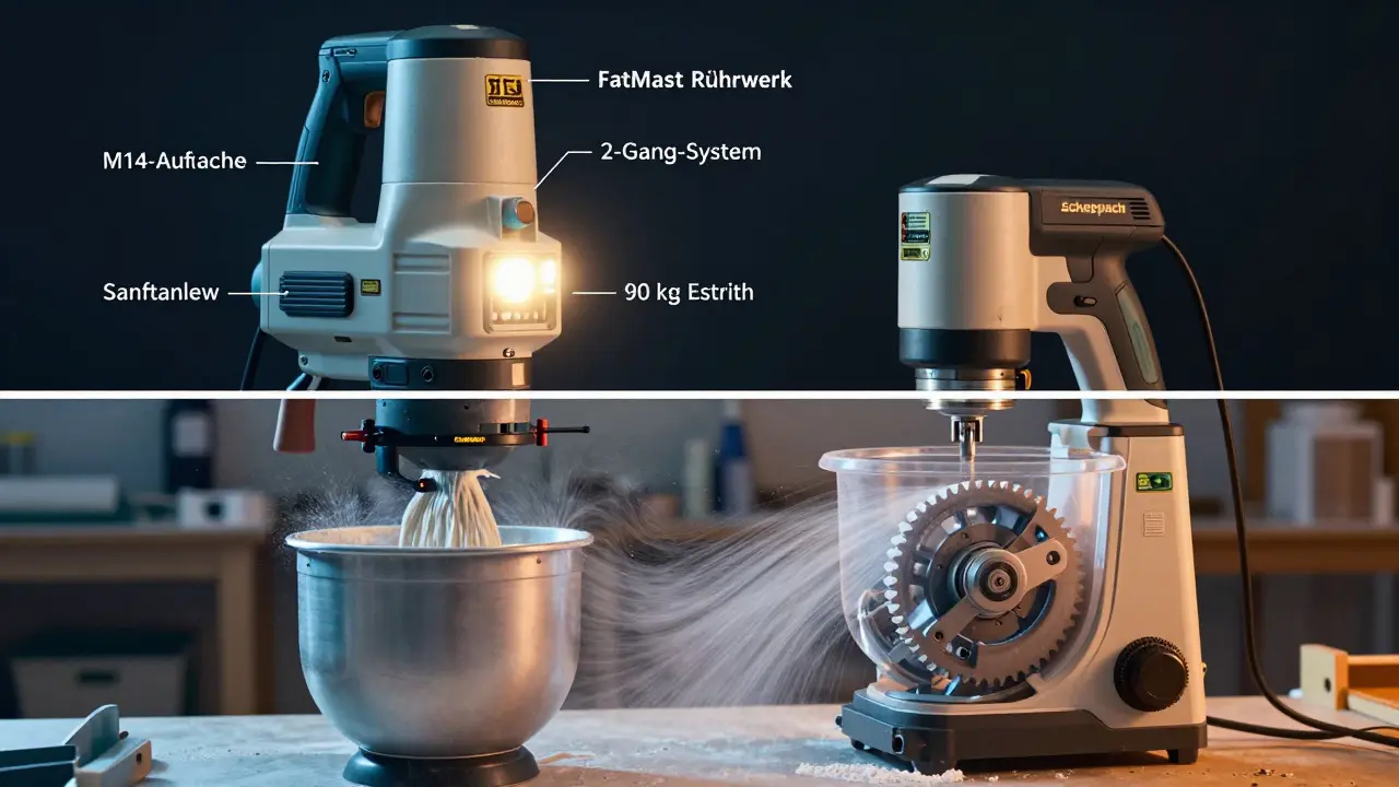 Zwei Rührwerke mit beschrifteten Technik-Details, im Einsatz beim Mischen von Spachtelmasse und Estrich.