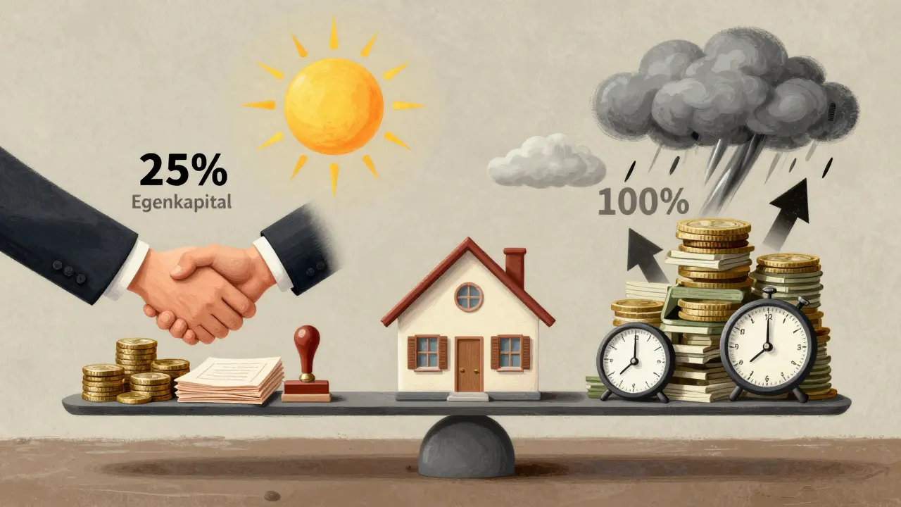 Zwei Waagen: Eine mit Eigenkapital-Elementen im Gleichgewicht, die andere überladen mit Schulden und dunklen Wolken, dazwischen ein stabiles Haus.