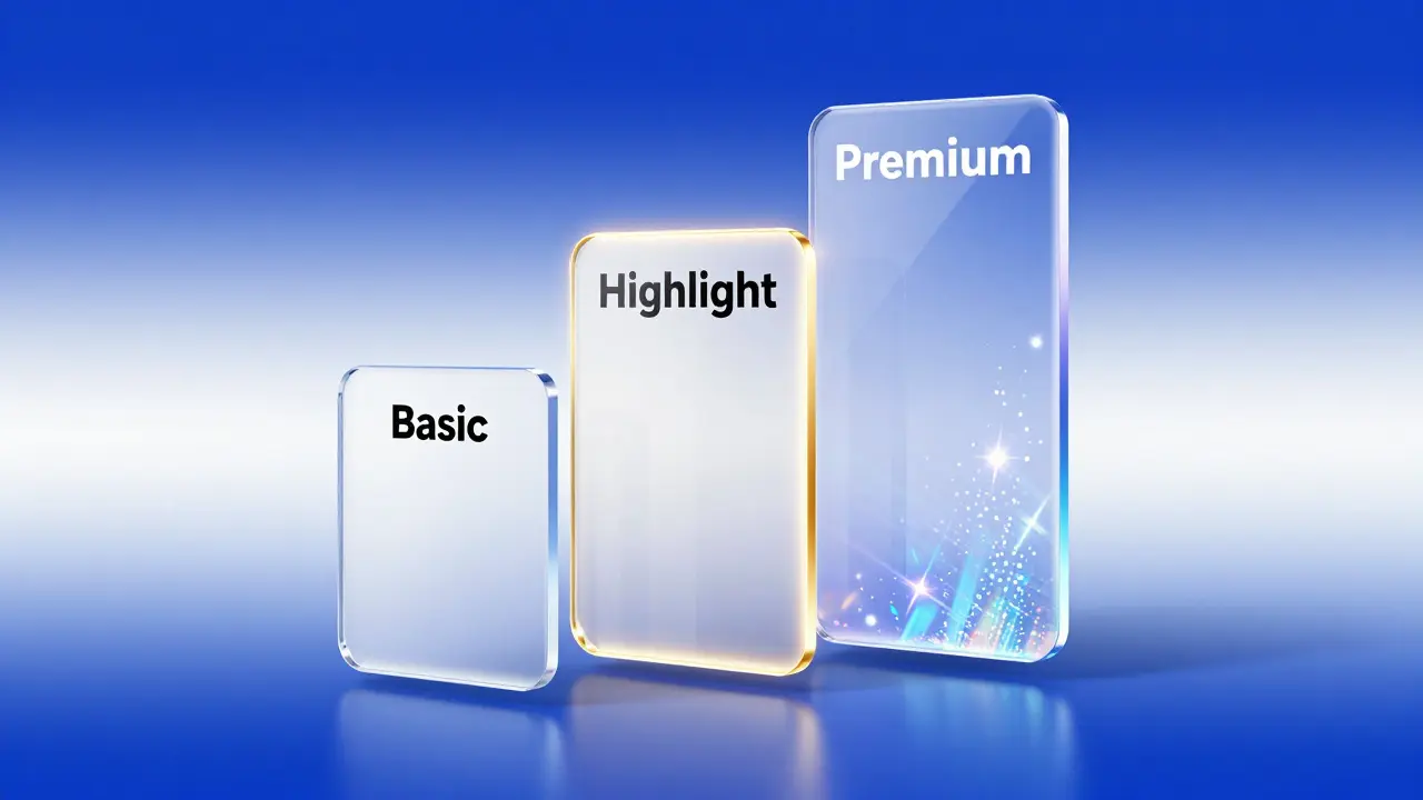 Abstrakte Darstellung von Basic-, Highlight- und Premium-Paketen als gläserne Ebenen.