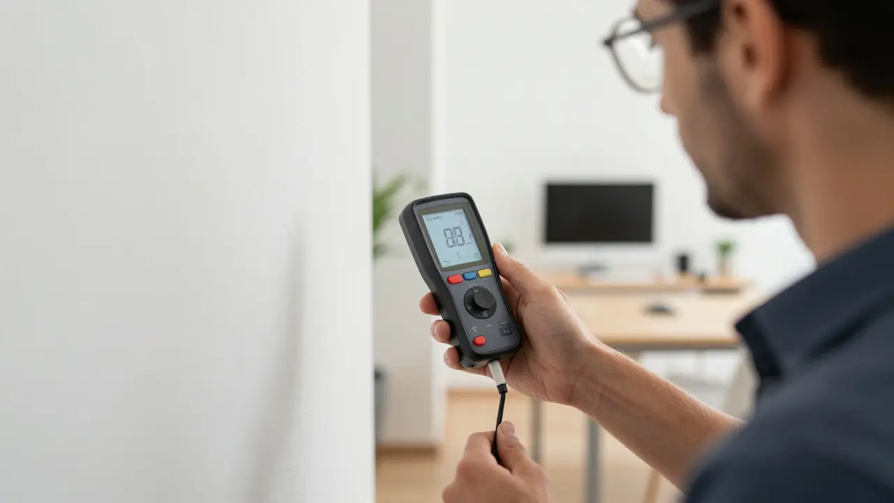 Akustik-Experte misst mit einem Dezibel-Messgerät die Schalldämmung in einer modernen Wohnung.