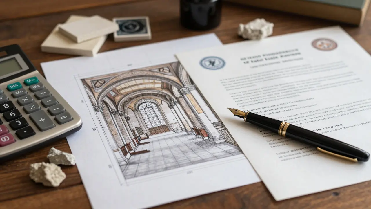 Baupläne, Kalkulator und Materialproben auf einem alten Holztisch zur Finanzplanung.