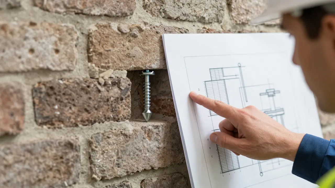 Detailansicht einer statischen Verankerung in einer alten Ziegelwand