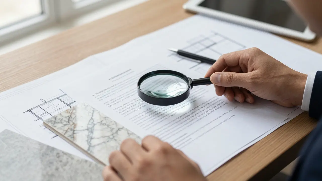 Detailansicht eines Bauträgervertrags mit Materialproben und Lupe auf einem Schreibtisch.