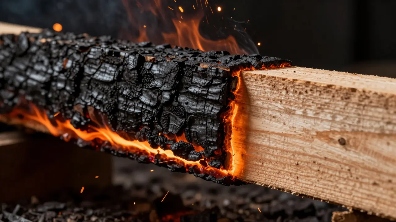 Detailansicht eines massiven Holzbalkens mit einer schützenden Verkohlungsschicht bei Brand.