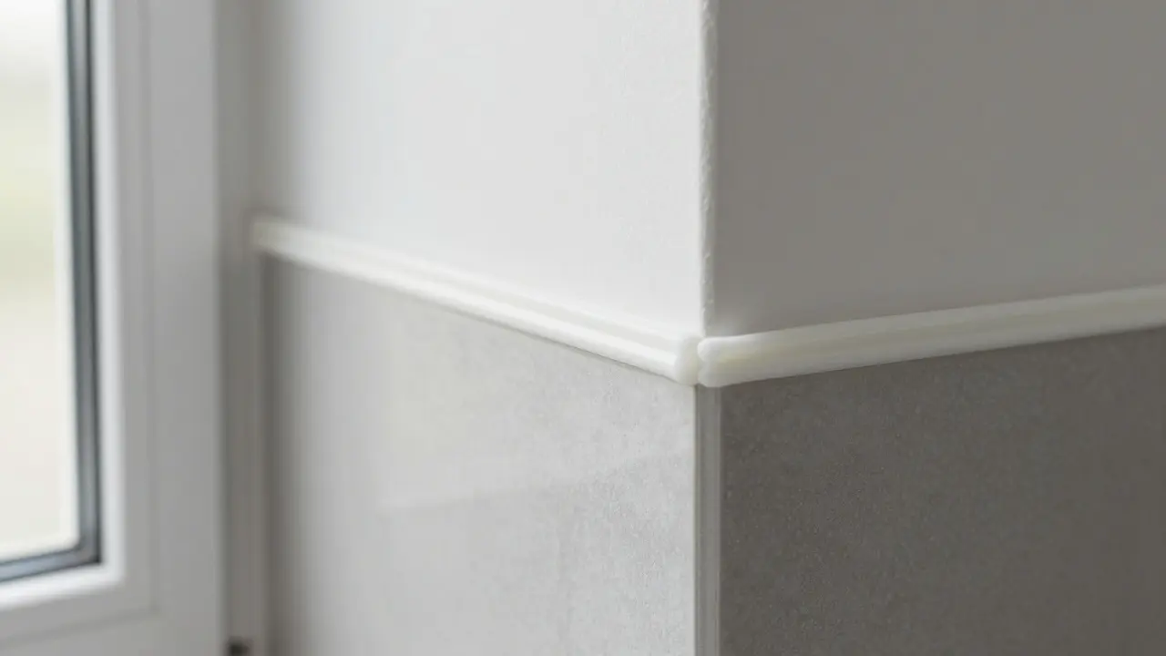 Detailaufnahme einer perfekt ausgeführten, sauberen Silikonfuge zwischen Fliese und Wand