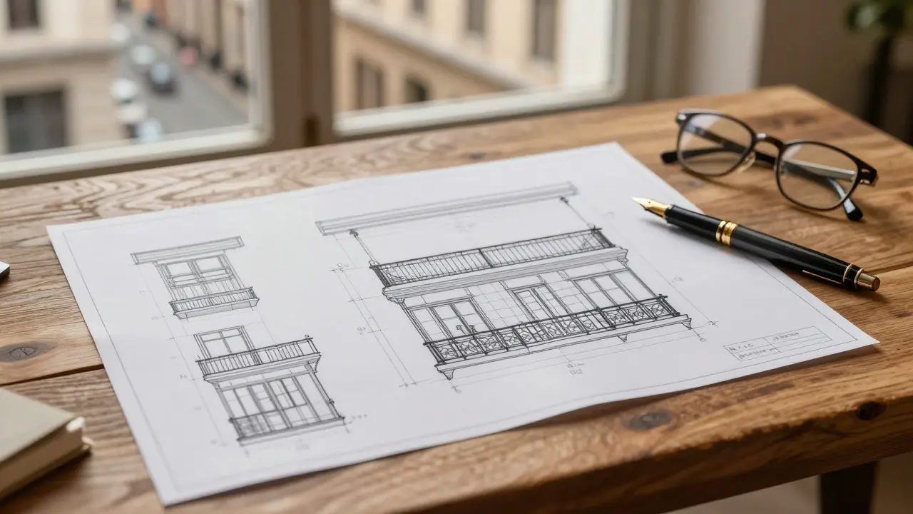 Drei verschiedene Entwürfe für einen Balkonanbau auf einem Arbeitstisch