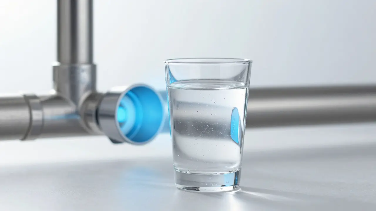 Ein Glas Wasser vor einer hygienischen Edelstahlleitung.