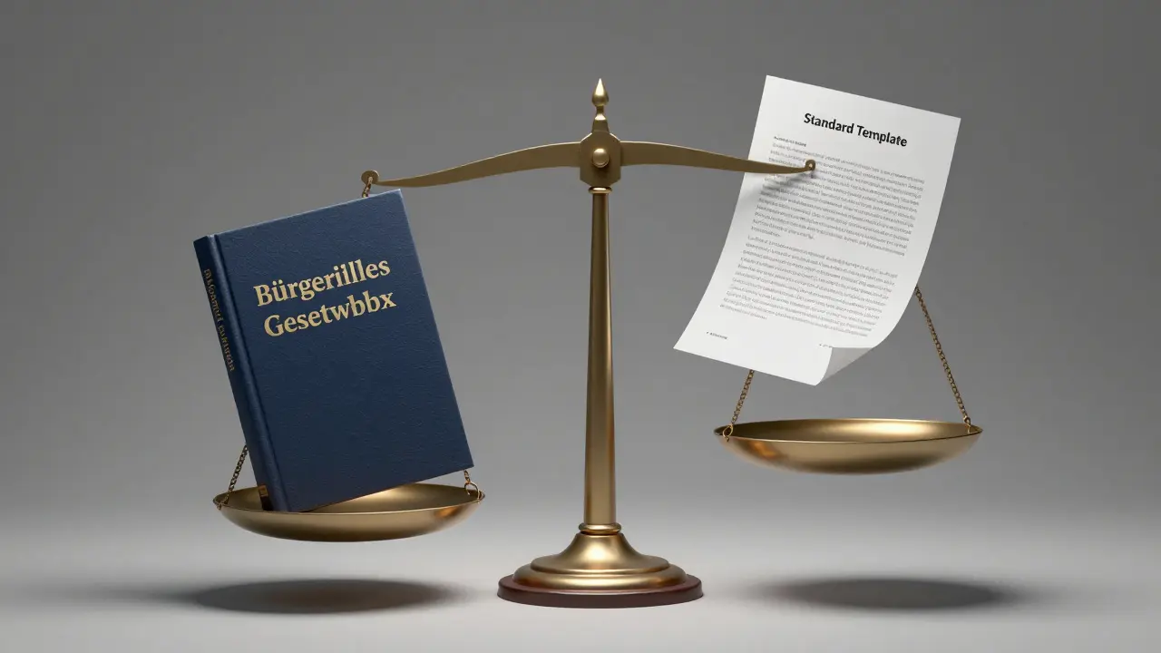 Eine Waage, die das Gesetzbuch gegenüber einem Standardvertrag abwägt.