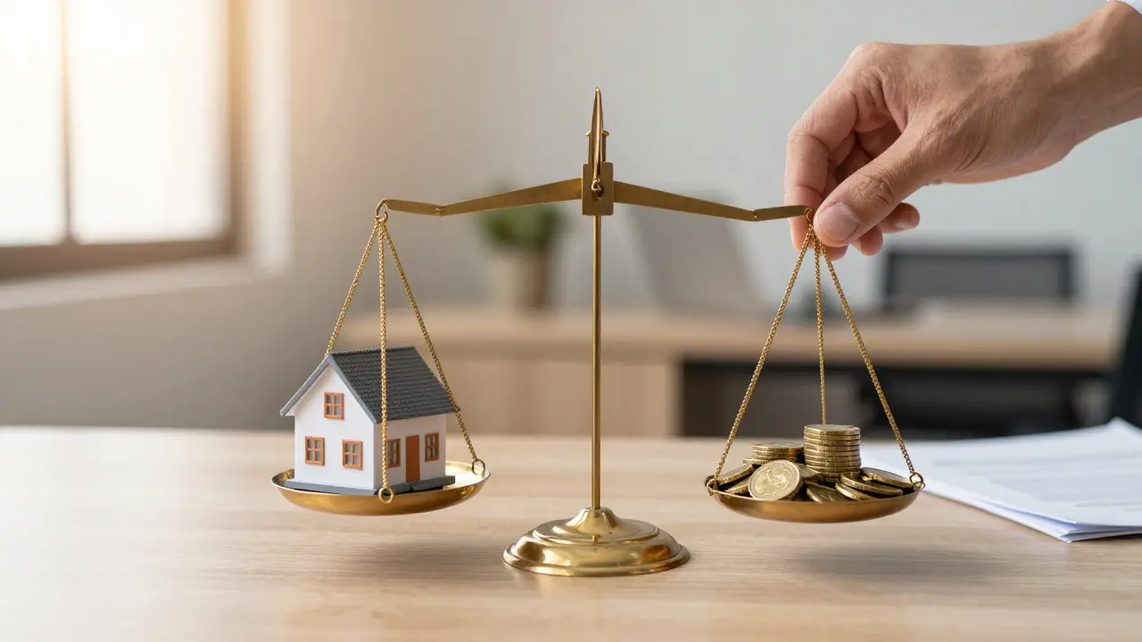 Eine Waage mit einem Hausmodell und Geldmünzen zur symbolischen Wertfindung.