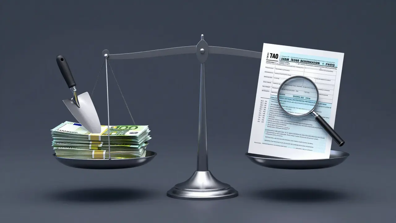 Eine Waage mit Geld und Steuerdokumenten, die finanzielle Risiken symbolisiert.