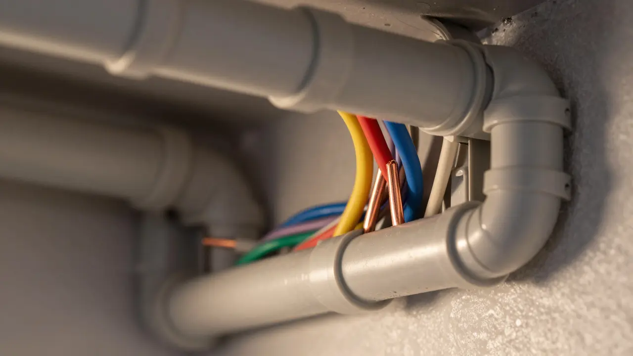 Elektroleitungen in schützenden Installationsrohren in einer Wand.