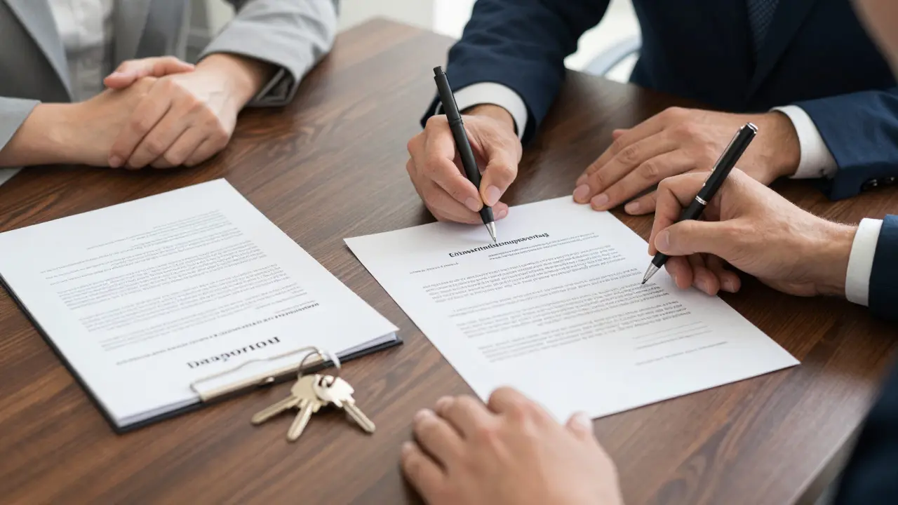 Hände unterzeichnen einen rechtlichen Vertrag zur Auflösung einer Erbengemeinschaft.