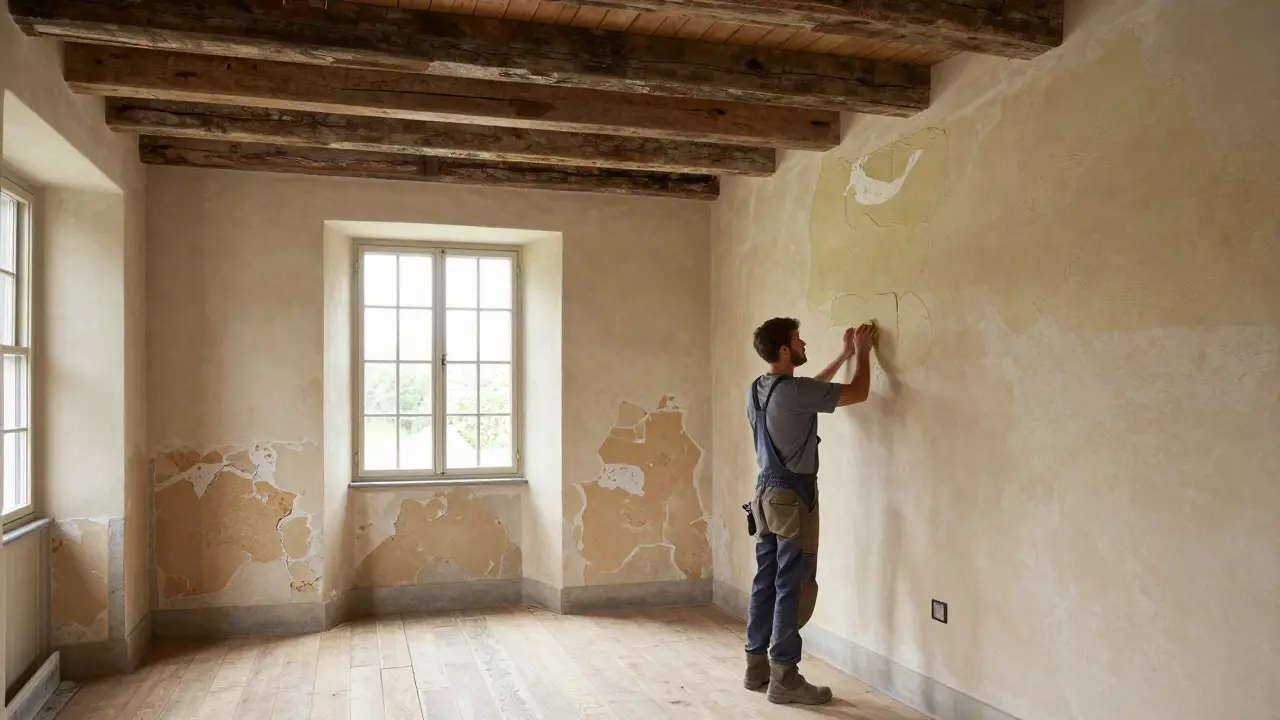 Handwerker installiert eine fachgerechte Innendämmung in einem historischen Gebäude.