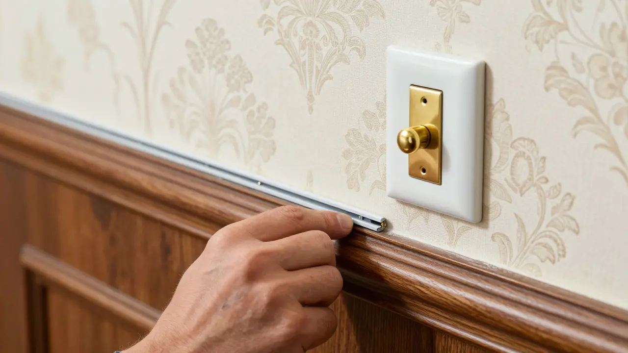 Installation eines modernen Kabelkanals hinter einer historischen Fußleiste mit Porzellanschalter.