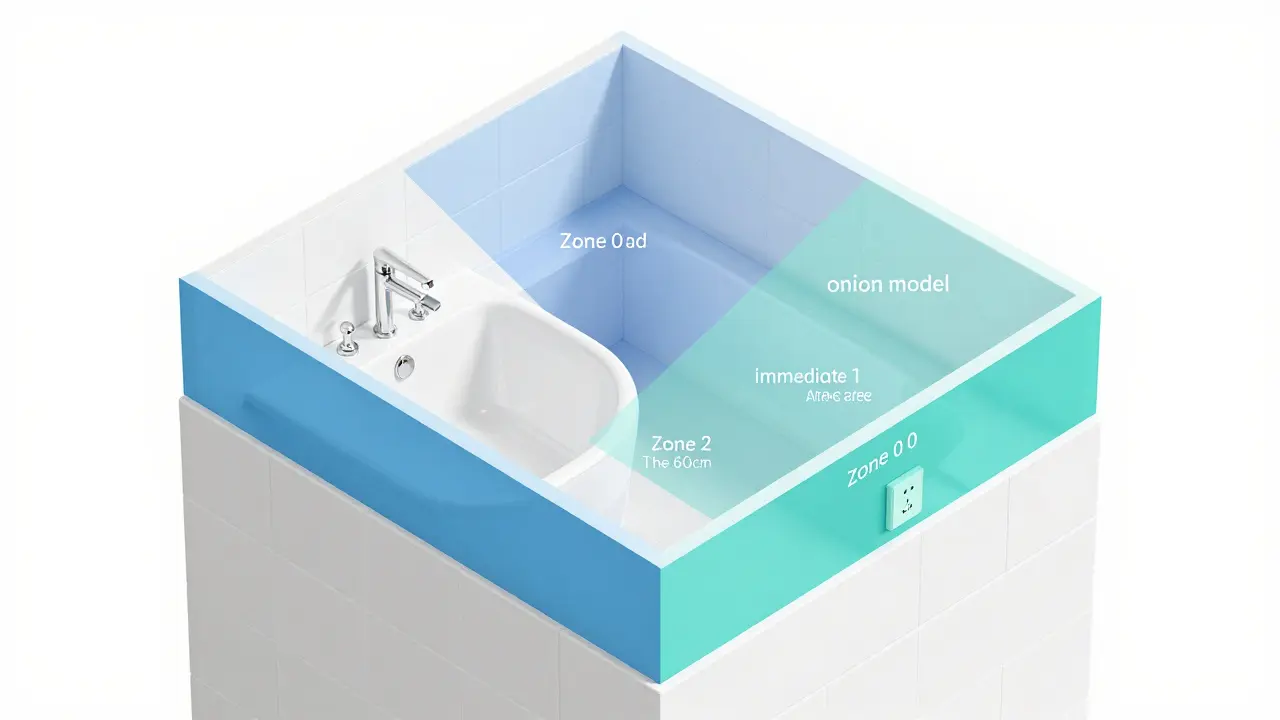 Isometrische Darstellung der Installationszonen in einem Badezimmer.