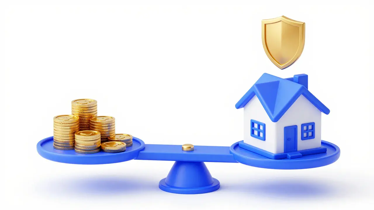 Isometrische Darstellung eines Hauses auf einer Waage mit Münzen und einem Schutzschild.