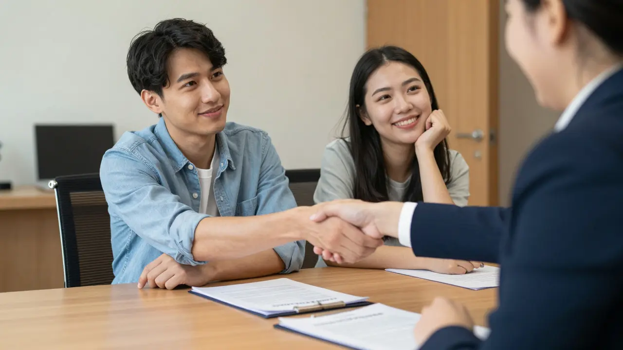 Junges Paar schüttelt nach dem Notartermin dem Notar die Hand