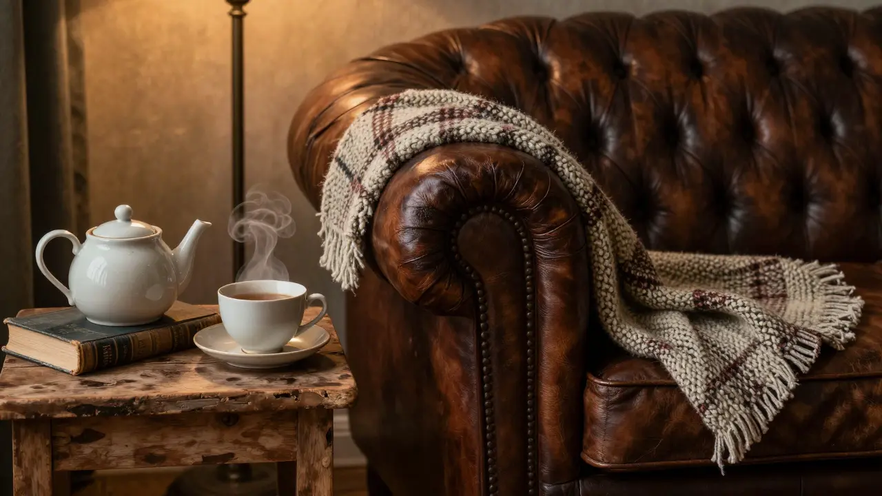 Klassisches braunes Chesterfield-Sofa mit Ohrensessel in gemütlicher Atmosphäre