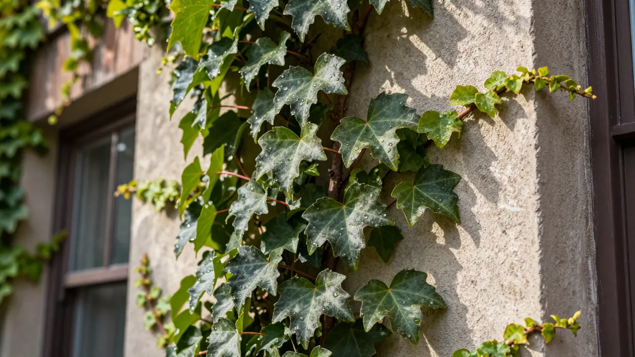 Kletterpflanzen bedecken die Fassade eines älteren Hauses in der Sonne