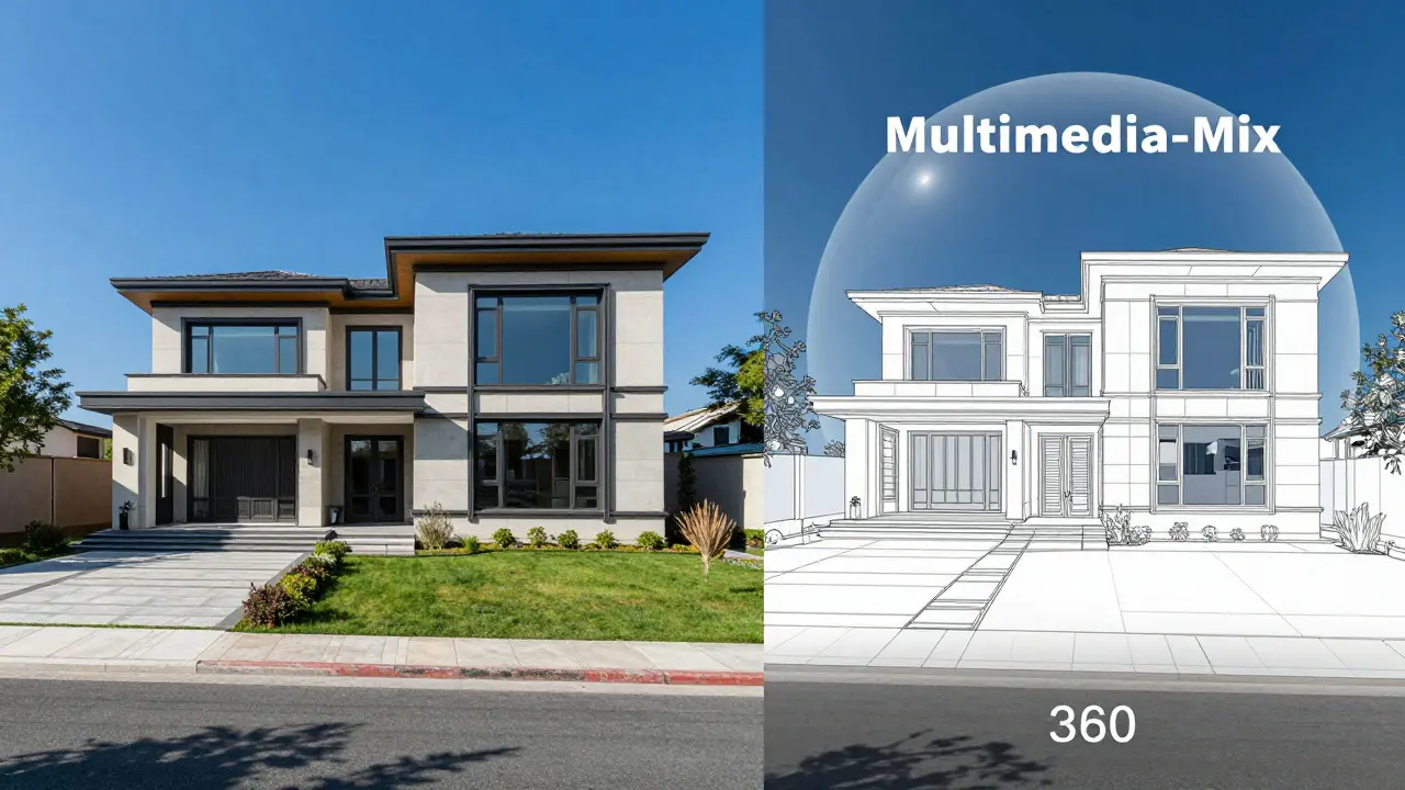 Kombination aus einem Foto eines modernen Hauses und einem digitalen 3D-Modell.