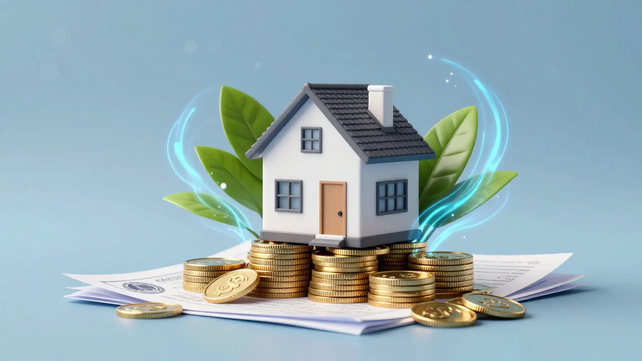 Konzeptbild: Haus auf Goldmünzen und Dokumenten als Symbol für staatliche Förderungen.