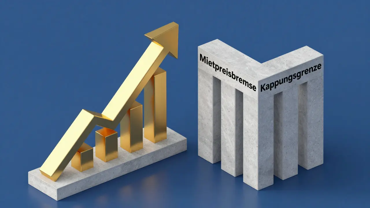 Konzeptionelle Darstellung des Konflikts zwischen Marktmiete und gesetzlichen Mietdeckeln.
