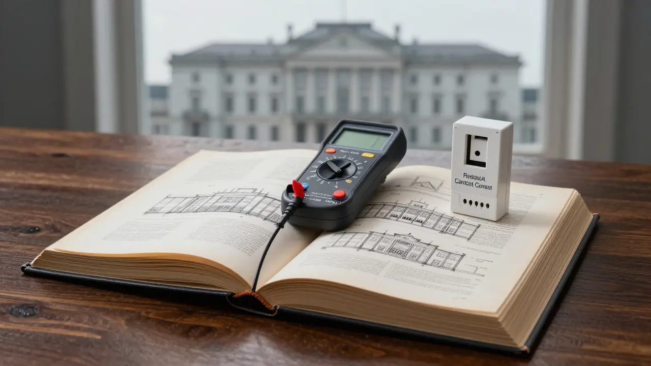 Messgerät und FI-Schutzschalter auf alten Architekturplänen eines denkmalgeschützten Gebäudes.