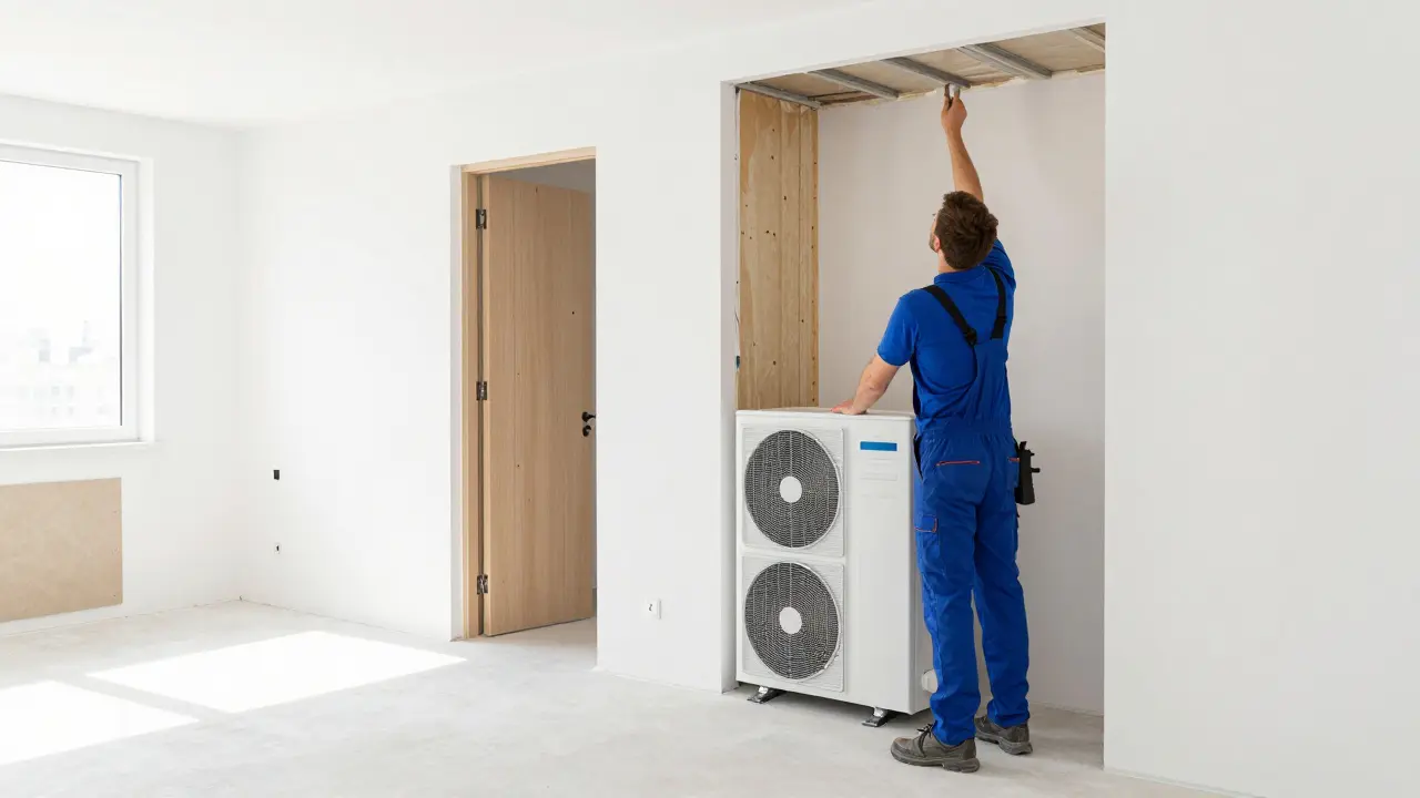 Moderne Wohnung während einer energetischen Sanierung mit Fokus auf neue Heiztechnik.