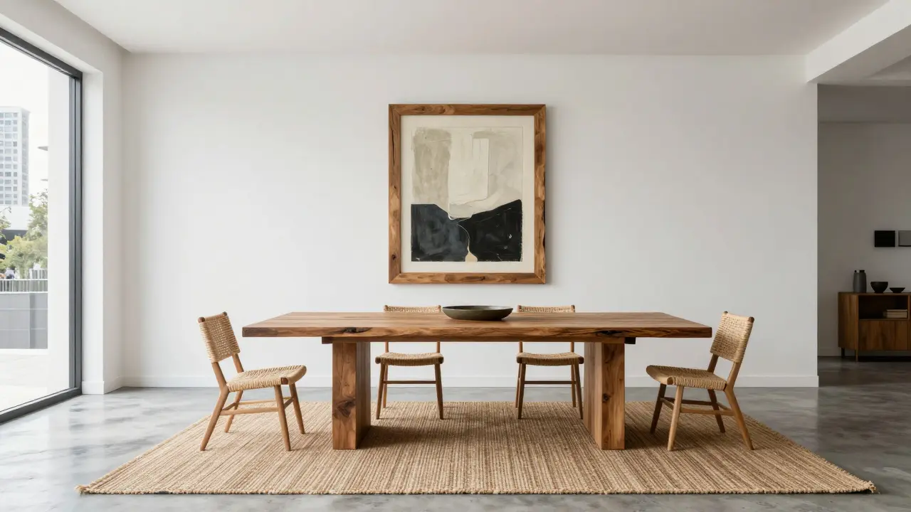 Moderner Country-Look mit massivem Altholztisch und Rattanstühlen in hellem Raum